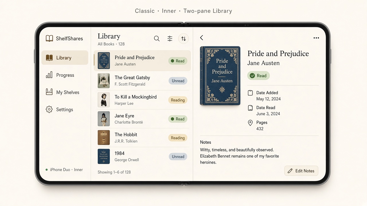 ShelfShares on iPhone Duo — Classic Library list and book detail side by side on the inner display